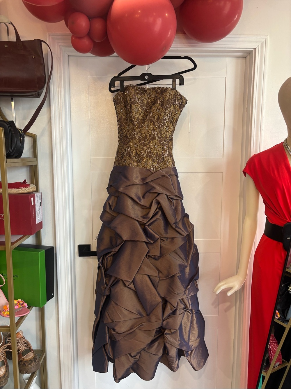 Alyce Designs vintage Strapless Gold & Brown rust taffeta ruffled Prom Dress